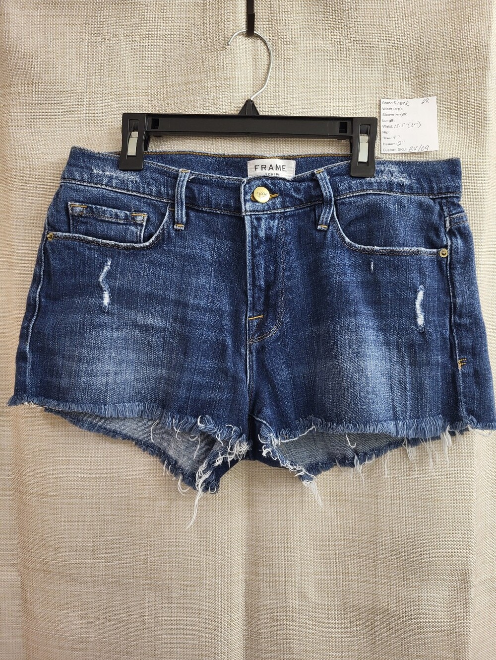 Frame Le Cutoff Blue Denim Shorts Women Mid Rise Distressed Raw Hem Stretch 28